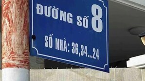 A blue sign with white text indicating 'DUONG SO 8' and 'SO NHÃ: 36,34...24'.