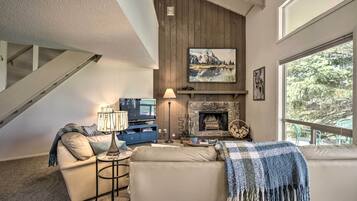 TV, fireplace, books