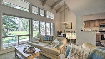 TV, fireplace, books