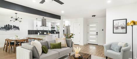 Smart TV, fireplace, books