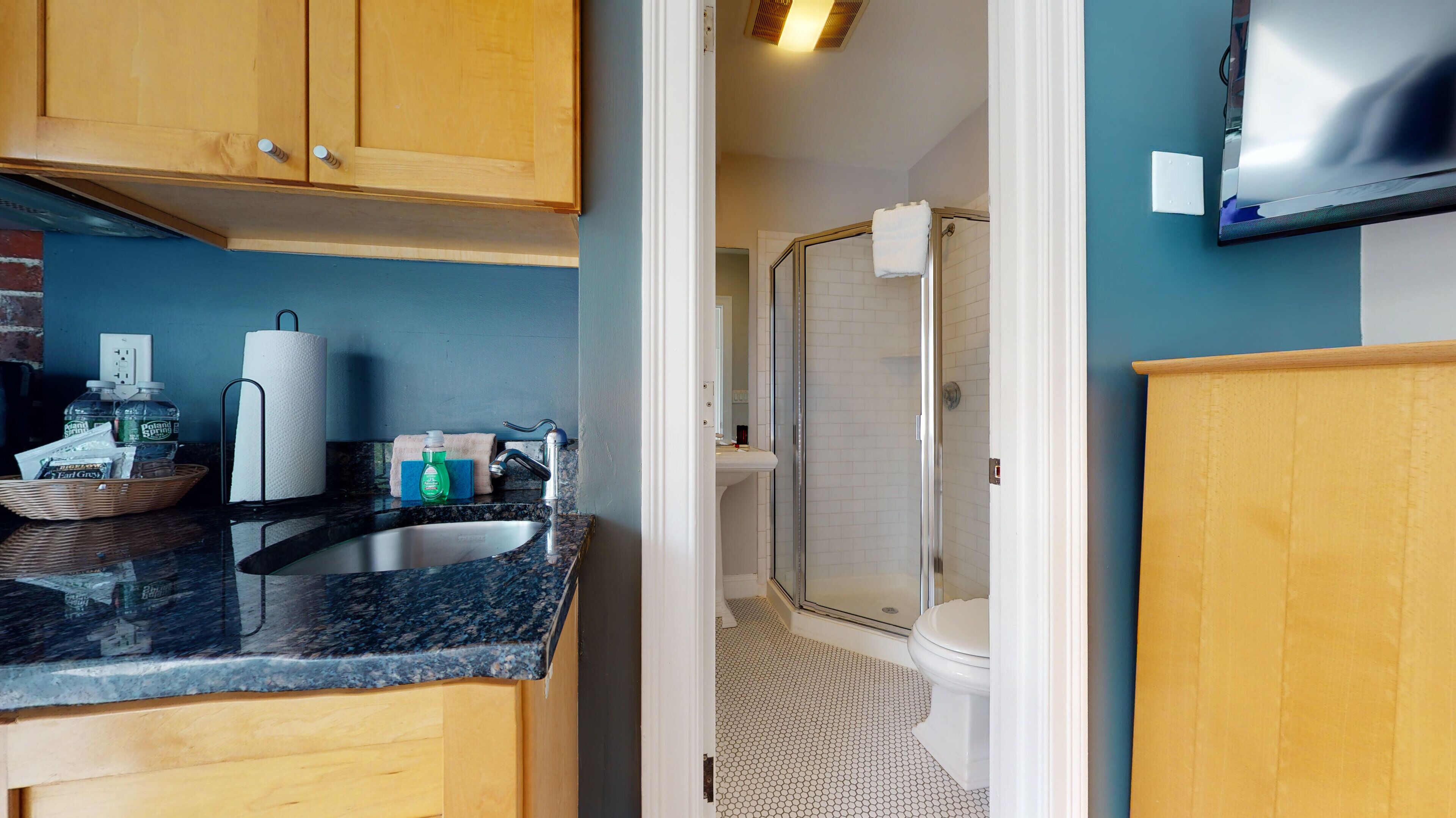 Shower, hair dryer, towels