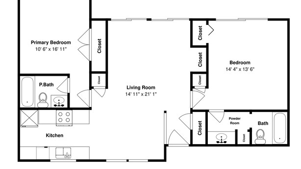 A floor plan of a house with a primary bedroom, living room, kitchen, powder room, and two bathrooms. - Golden Gull by Miss Kitty’s (Rockport)