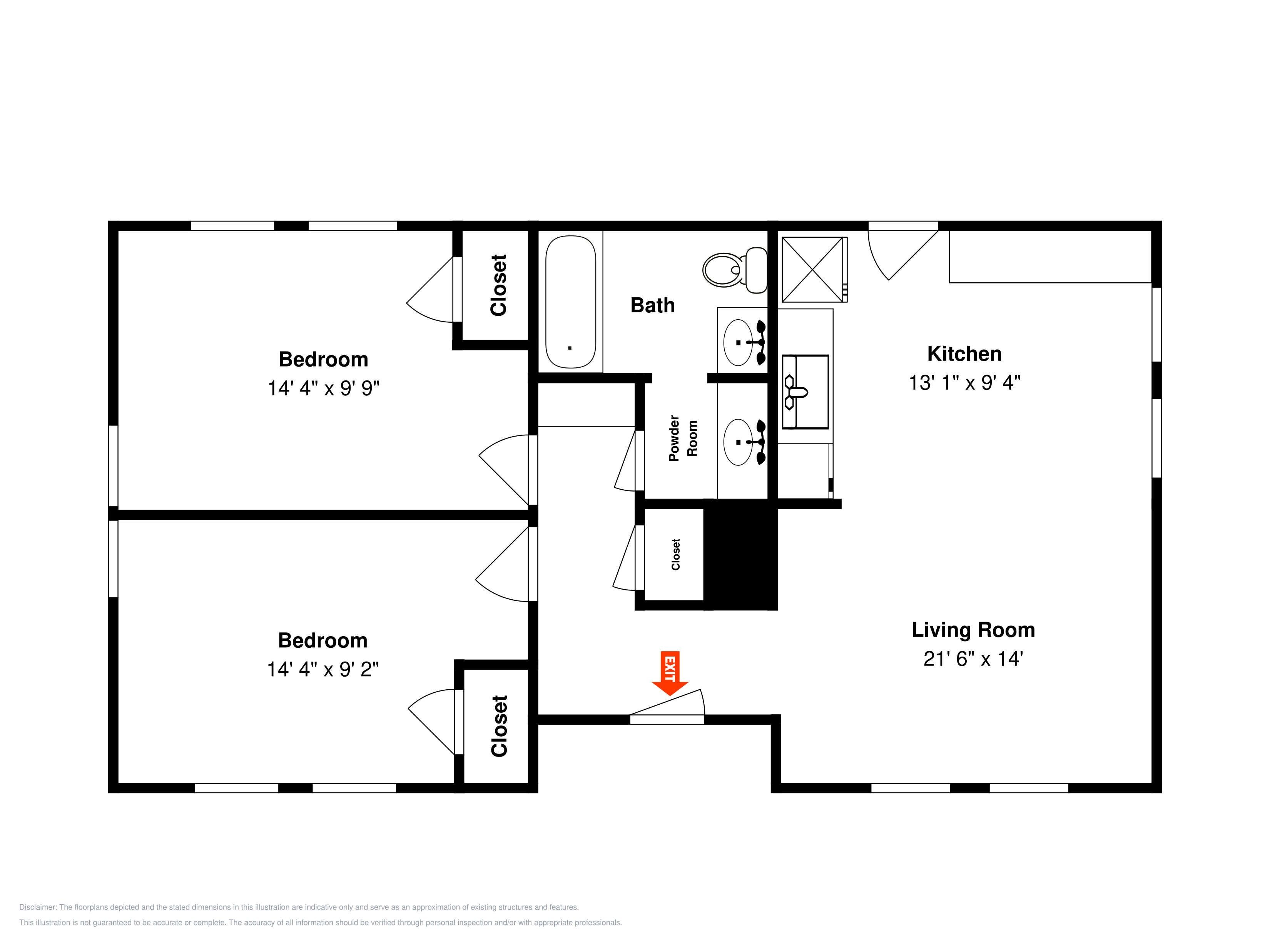 A floor plan with two bedrooms, a bathroom, a powder room, a kitchen, and a living room.