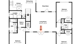 A floor plan of a house with a kitchen, dining area, two bedrooms, a living room, a bathroom, a laundry room, and a walk-in closet.