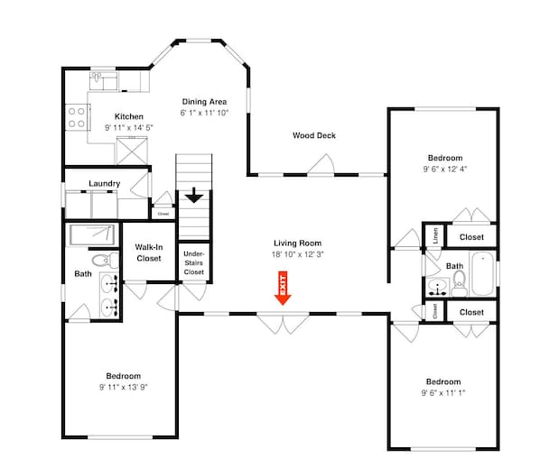 Plano de planta de una casa con cocina, comedor, dos dormitorios, sala de estar, baño, lavadero y vestidor.