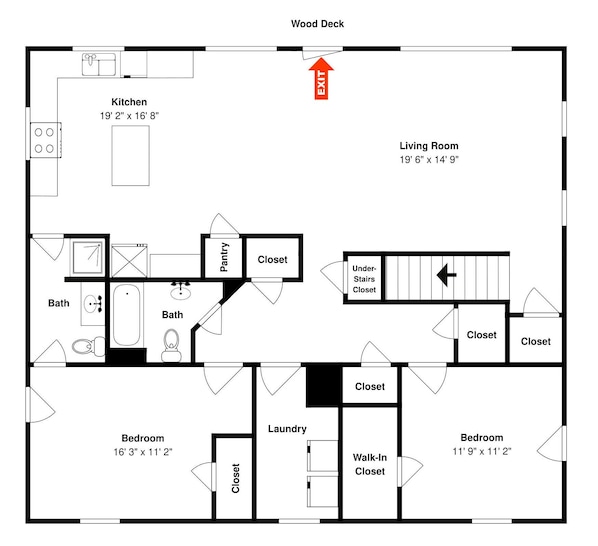 Un plan d’étage d’une maison comprenant une terrasse en bois, une cuisine, un salon, deux chambres, deux salles de bain, un espace buanderie et des placards.