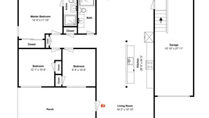 A floor plan with a master bedroom, two smaller bedrooms, a bathroom, a sun room, a garage, a kitchen, a living room, and a porch. - Sea-esta by Miss Kitty’s (Rockport)