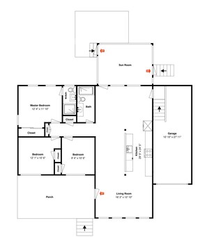 A floor plan with a master bedroom, two smaller bedrooms, a bathroom, a sun room, a garage, a kitchen, a living room, and a porch.