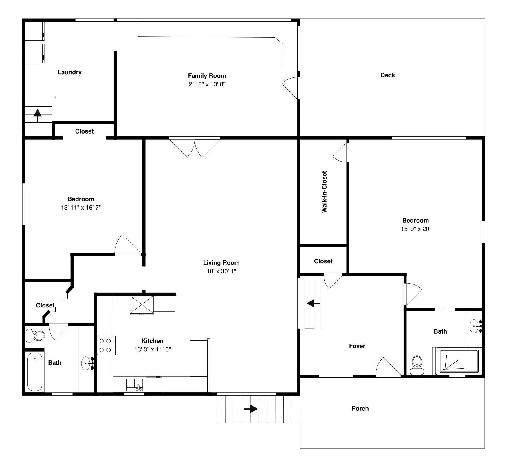 Un plan d’étage comprenant une buanderie, une salle familiale, un placard, deux chambres, une cuisine, un salon, un dressing, un hall d’entrée, une salle de bain et une véranda.