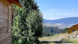 A wooden cabin with a satellite dish, surrounded by dense trees and a gravel path leading to a mountain view.