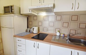 Een koelkast, een magnetron, een kookplaat