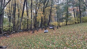 A cemetery with stone headstones and a stone wall, surrounded by trees with autumn leaves.