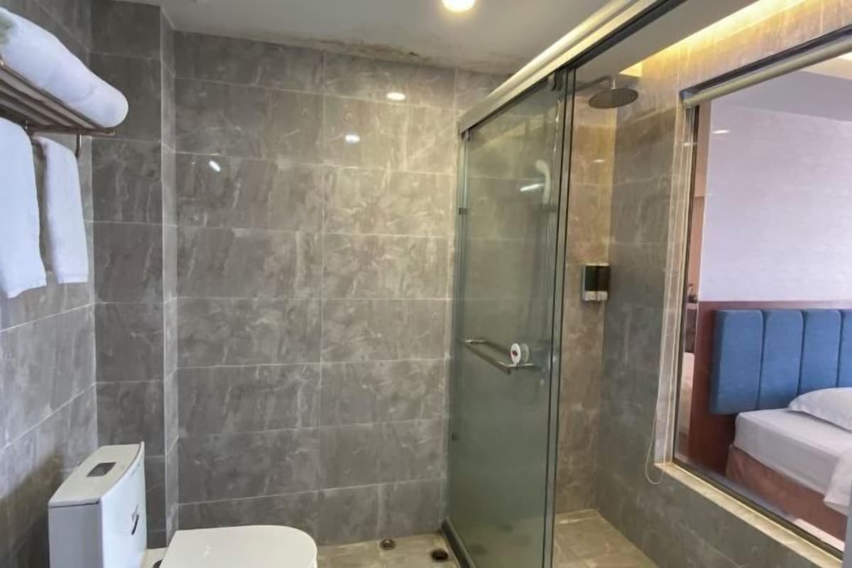 A modern bathroom with a glass shower enclosure, a toilet, and a bed visible through a window.
