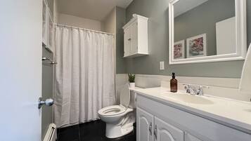 A bathroom with a toilet, a sink, a mirror, and a shower curtain.