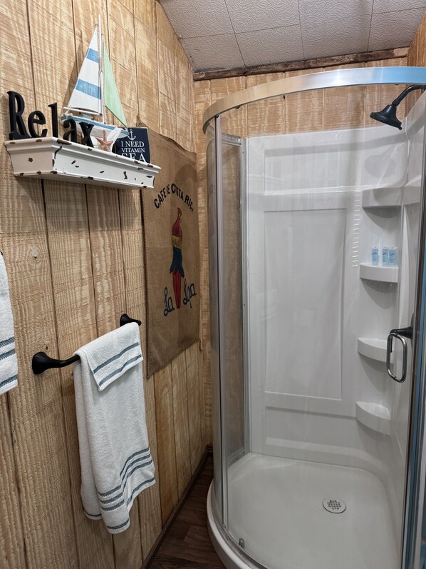 Regadera, toallas, jabón, shampoo 
