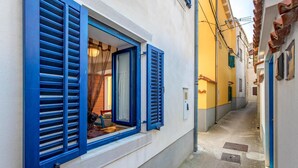 Un callejón estrecho con un edificio que tiene contraventanas azules y un ventanal visible.