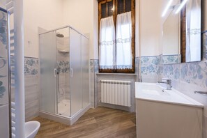 Shower, hair dryer, bidet, towels