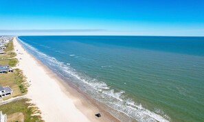 Une plage côtière avec une longue étendue de sable, quelques bâtiments et un ciel bleu dégagé.