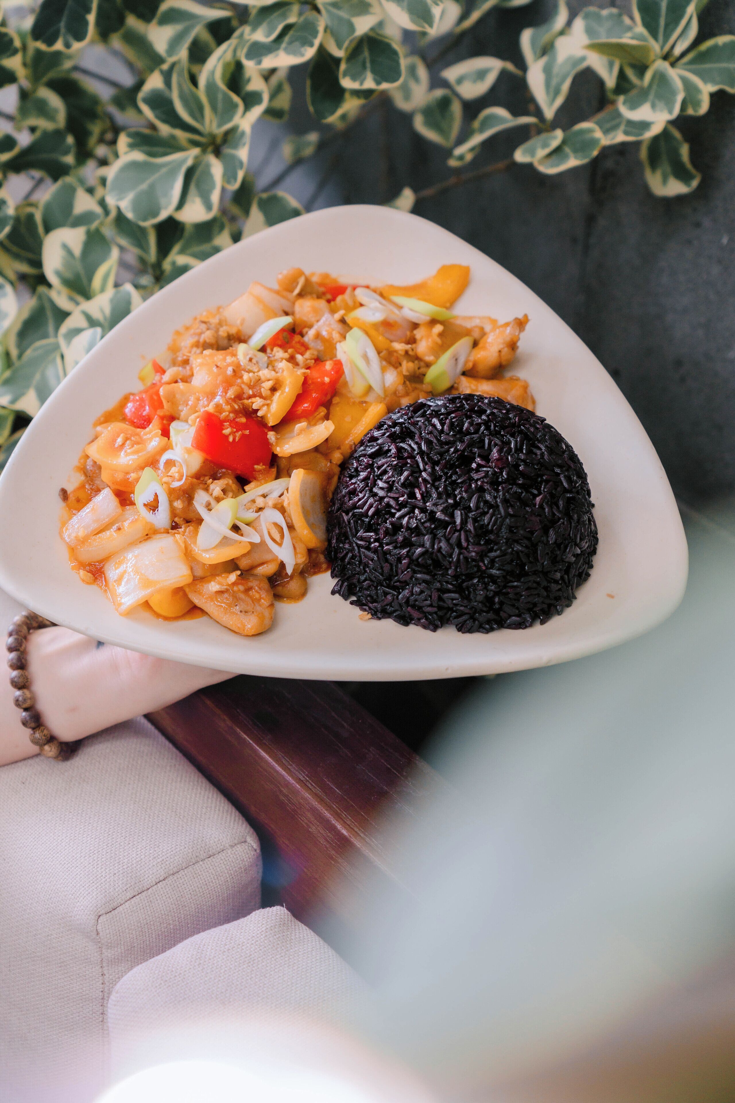 Un plato con arroz negro y un guiso variado, posiblemente con verduras y carne, sobre un plato color beige.