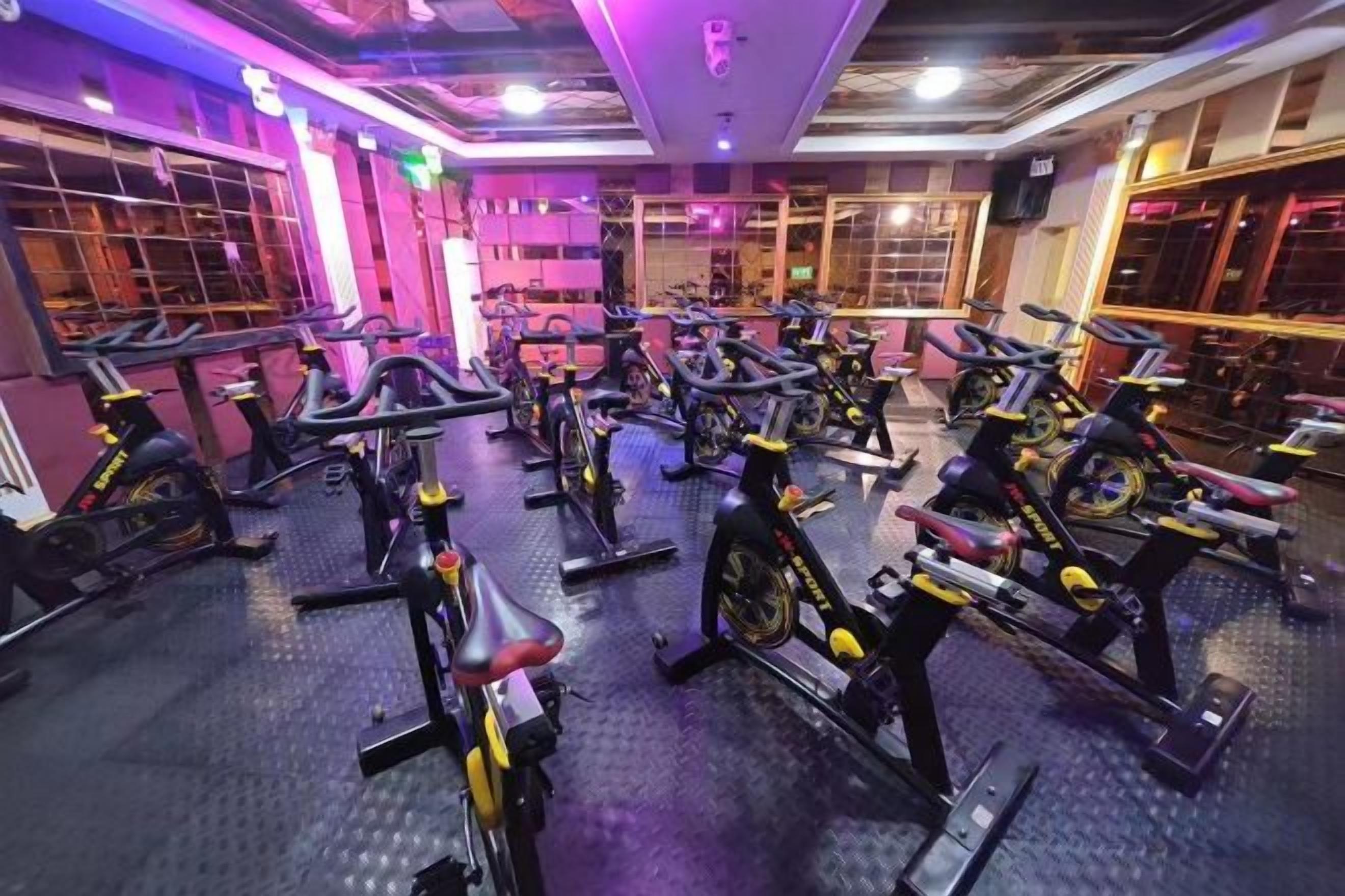 A gym with multiple stationary bikes arranged in rows.