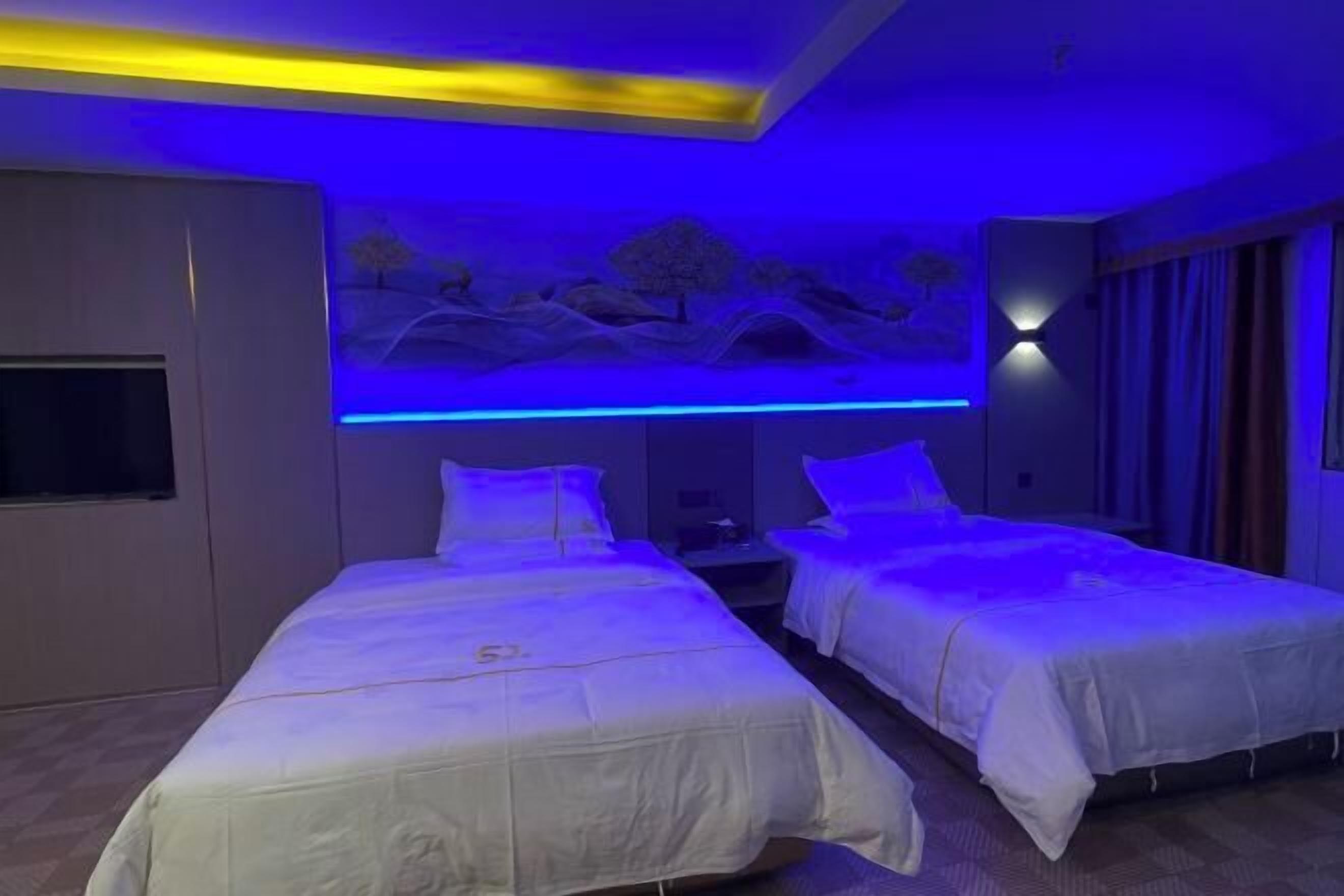 Una habitación de hotel con dos camas, un mural en la pared y una lámpara en el techo.