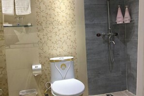 Een badkamer met een toilet, een douche en een toiletrolhouder.