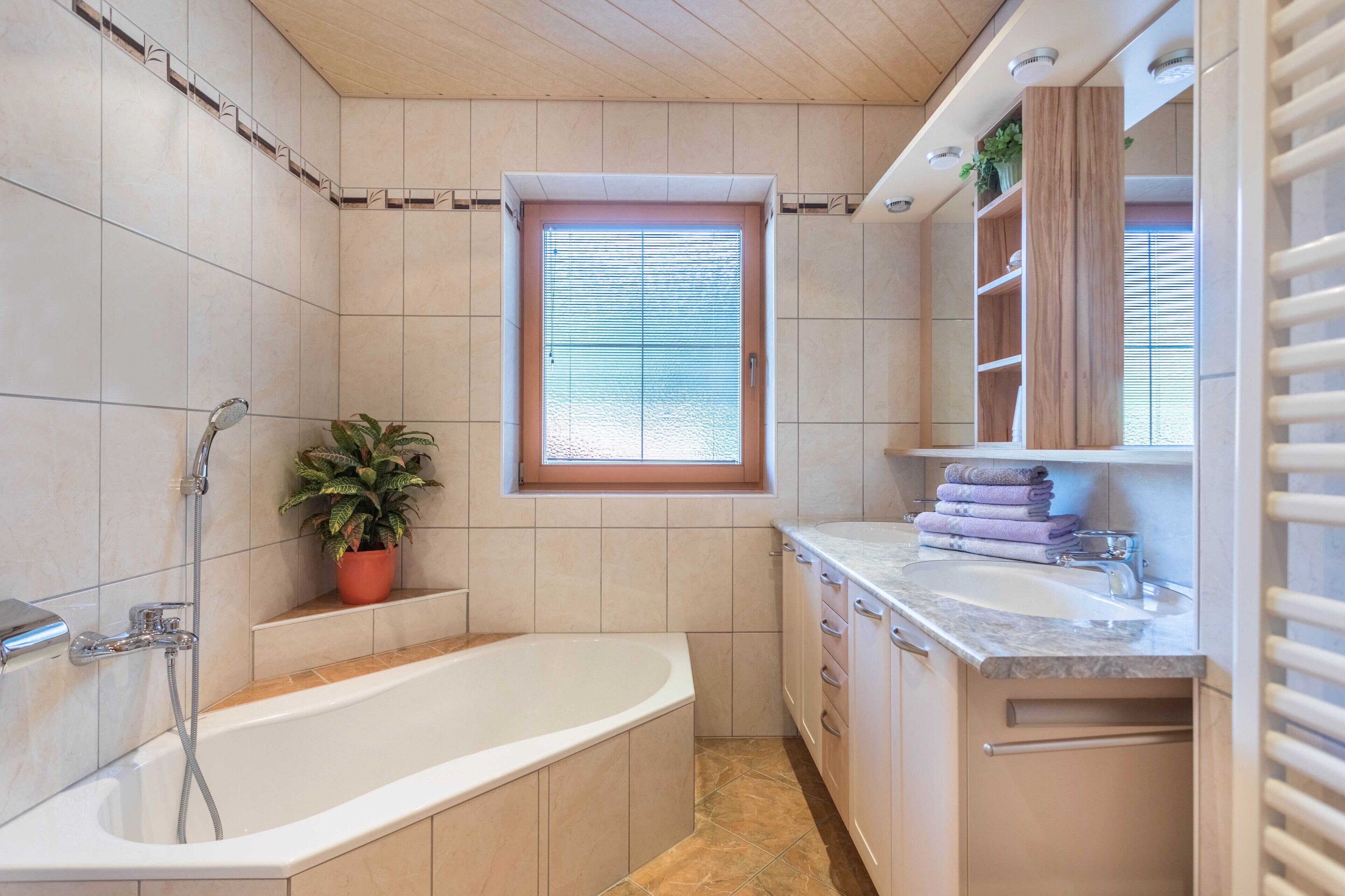Une salle de bain moderne avec une baignoire, une fenêtre, un lavabo et une plante en pot.