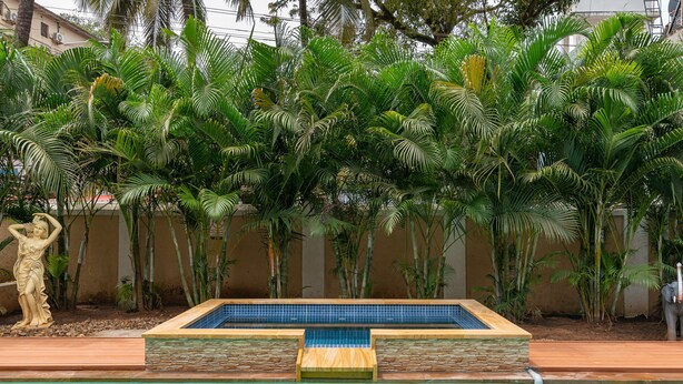 Una piscina con borde de piedra y azulejos, rodeada de exuberante vegetación tropical y una estatua.