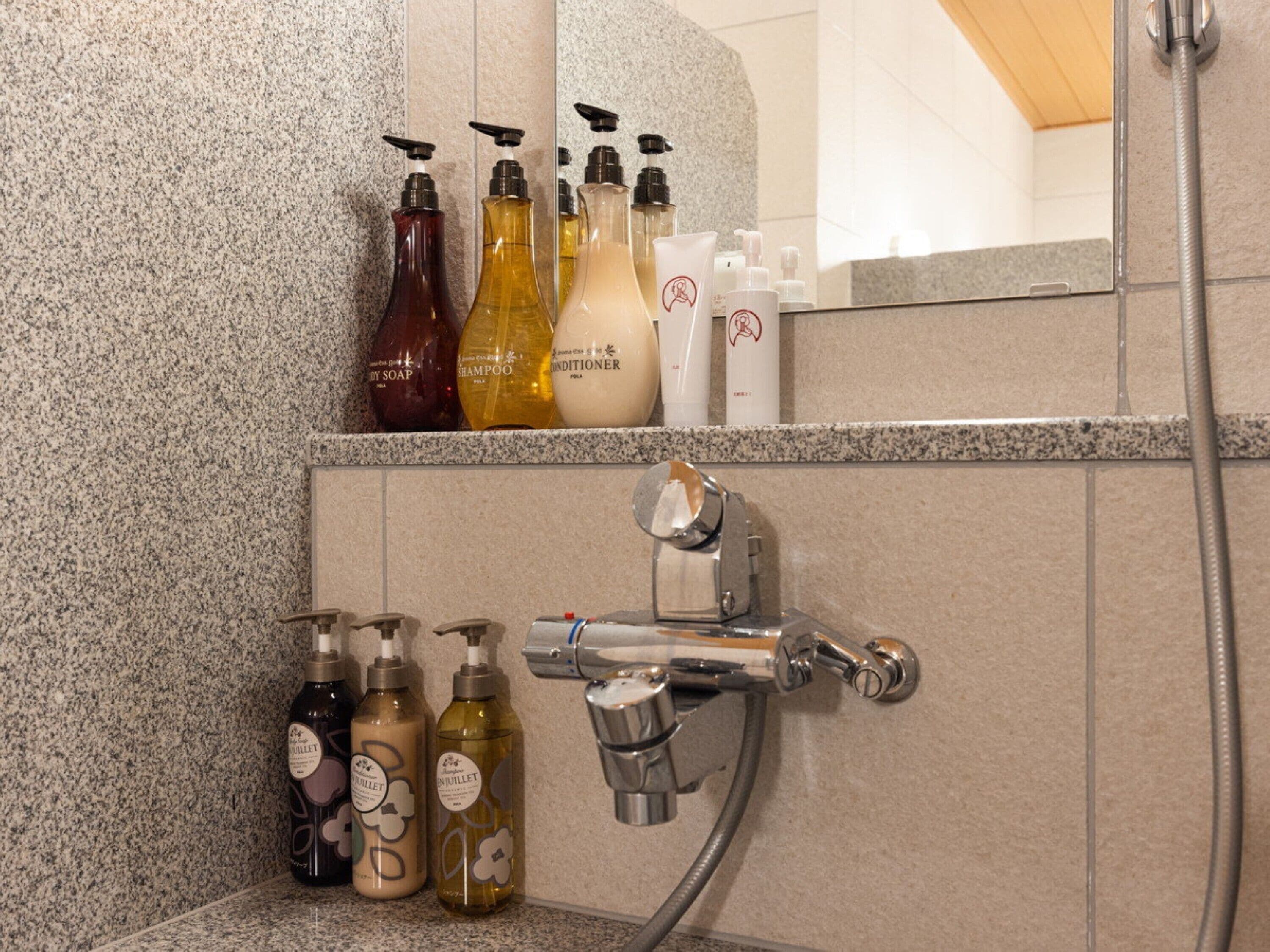 Une salle de bain dotée d’un comptoir en granit, d’une douche avec un pommeau de douche amovible, et de divers produits de toilette, notamment du savon, du shampoing, de l’après-shampoing et une lotion pour le corps.