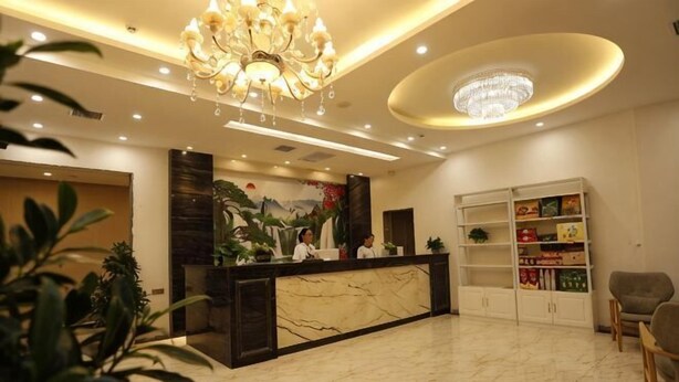 Zona de recepción de hotel con un mostrador de mármol, una araña y una planta.