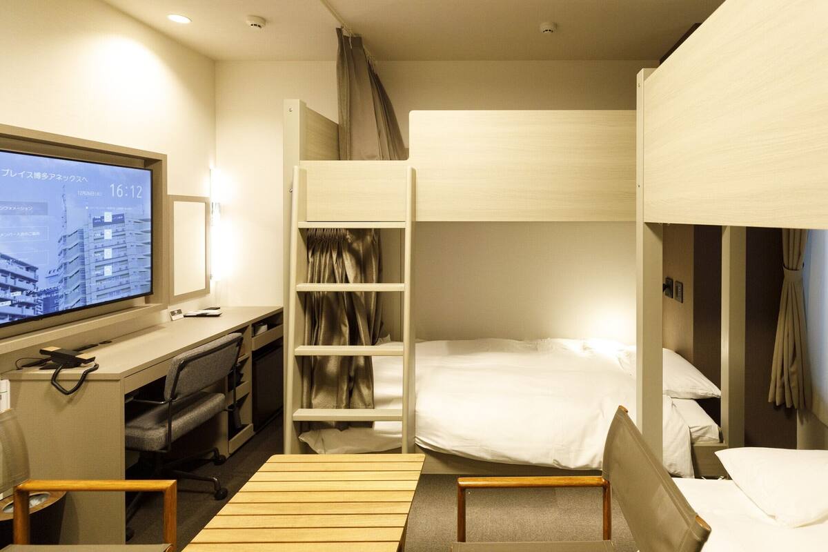 A hotel room with a bunk bed, a desk with a computer, and a TV displaying a building.