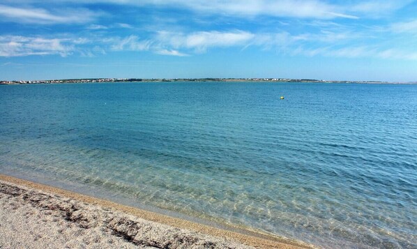 On aperçoit clairement une plage avec une eau calme et une cĂŽte qui sâĂ©tend au loin.