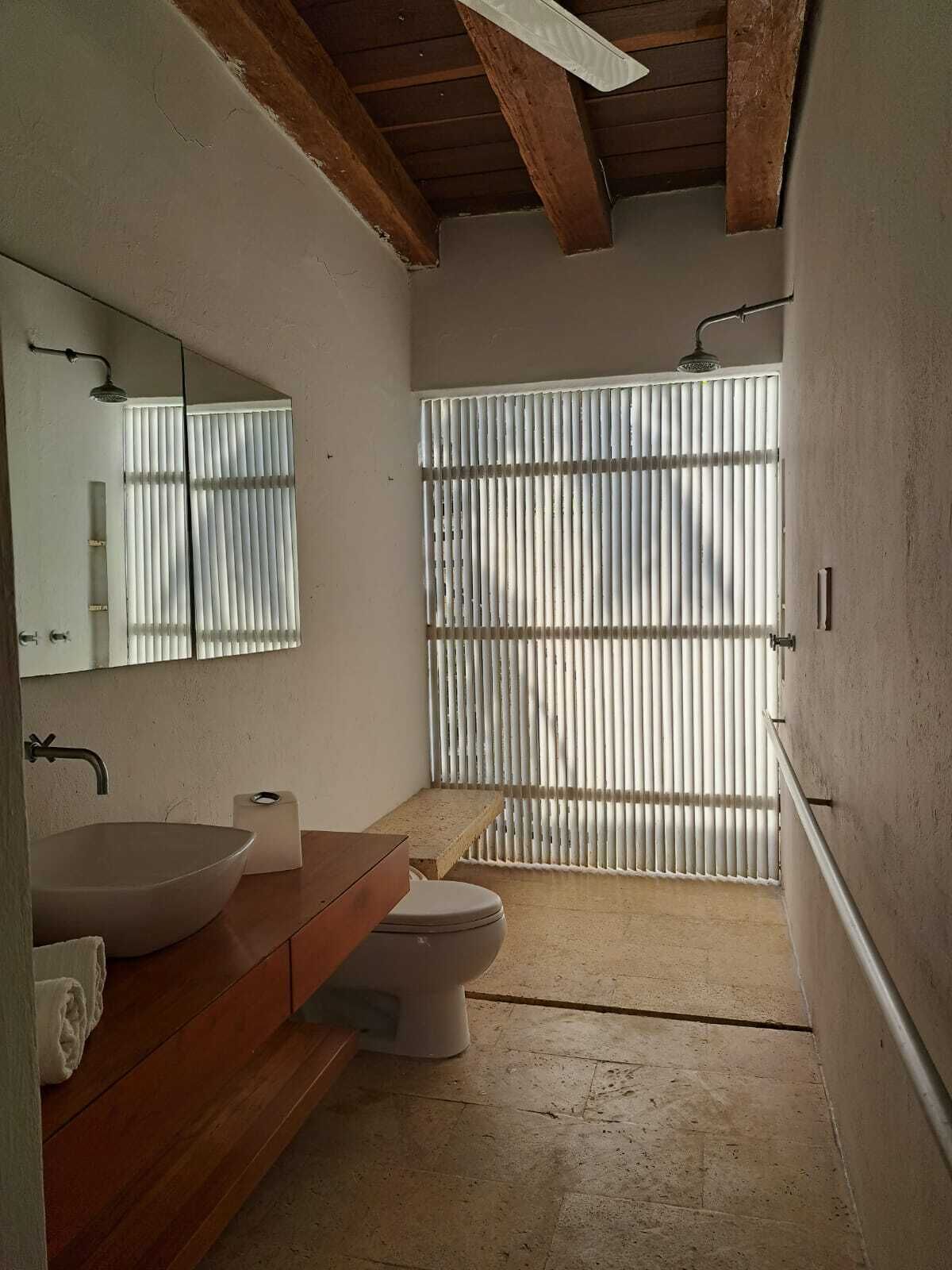Shower, towels, soap, toilet paper