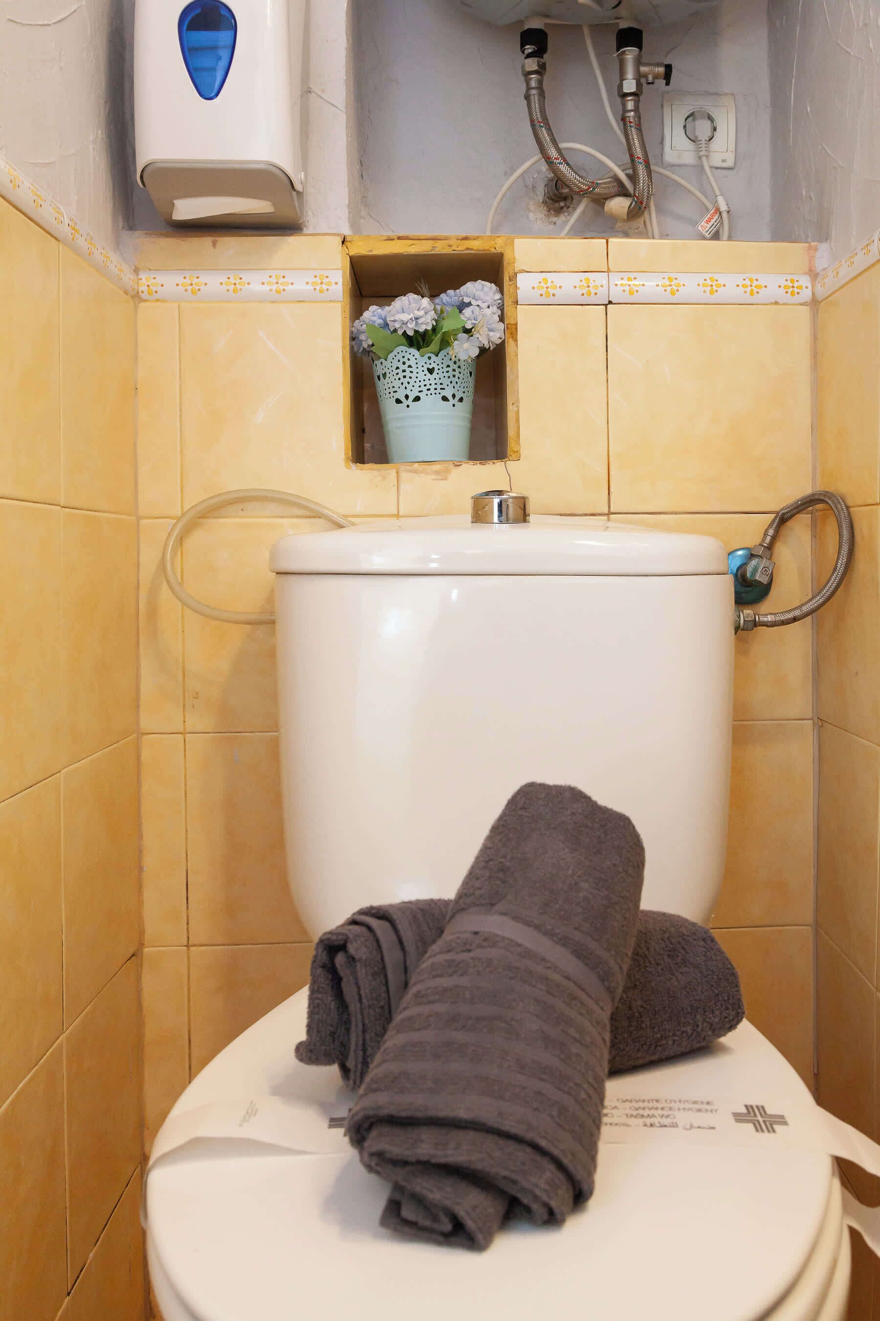 Toilette mit Handtuch, kleiner Blumenvase und Wasserbereiter darüber.