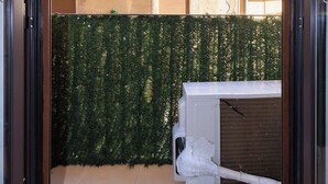 A balcony with a metal railing, a green hedge, and a white object on the floor.