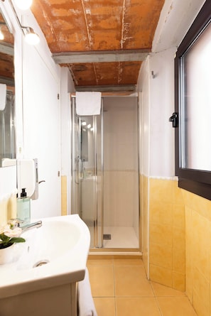 A bathroom with a sink, mirror, and shower enclosure.