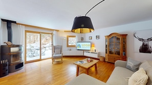 Télévision, cheminée, chaîne hi-fi