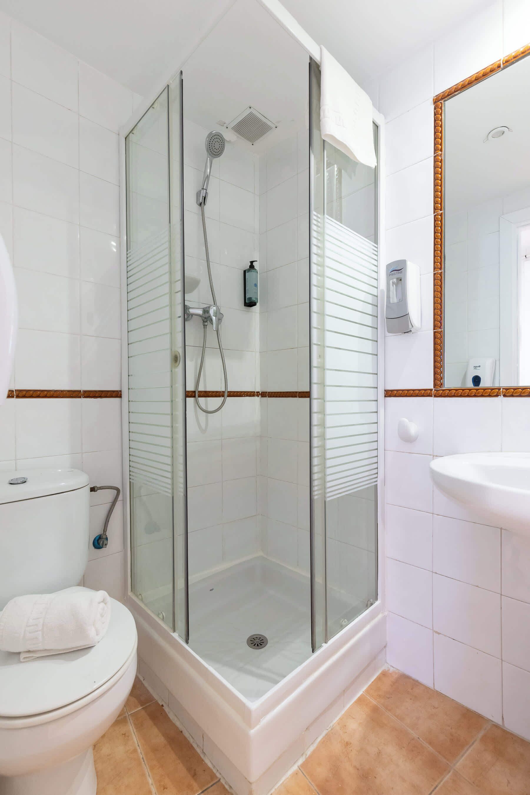 Shower, hair dryer, towels, shampoo