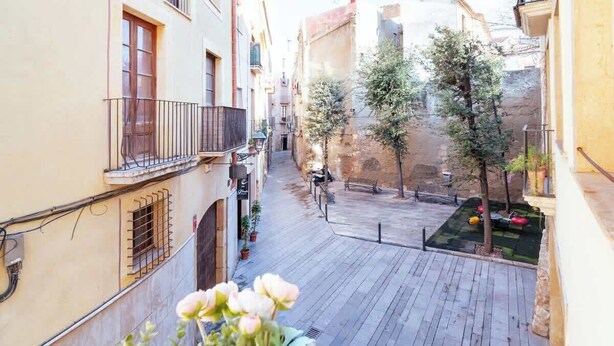 A narrow street with buildings on either side, a bicycle, and a small tree in the middle. - Ripoll Old Town - Unik Vacation (Tarragona)