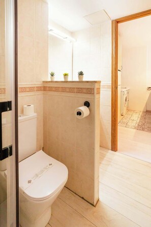 Shower, hair dryer, shampoo