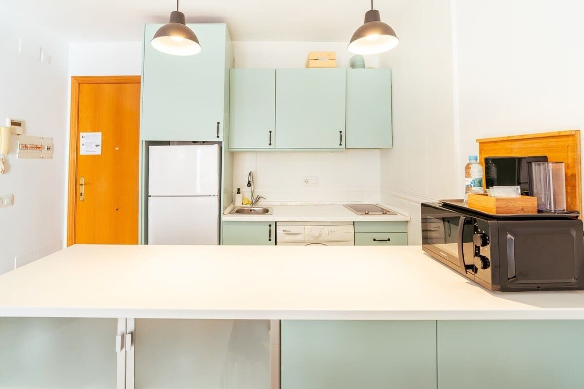 Frigorífico, microondas, horno y placa de cocina
