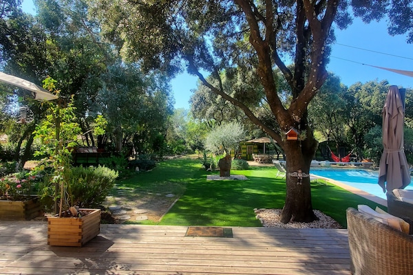 terrasse maison et vue piscine
