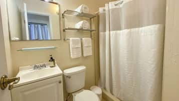 Eco-friendly toiletries, hair dryer, towels