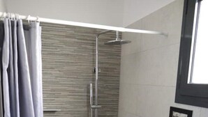 Une salle de bain avec une douche, des toilettes et une petite plante en pot.
