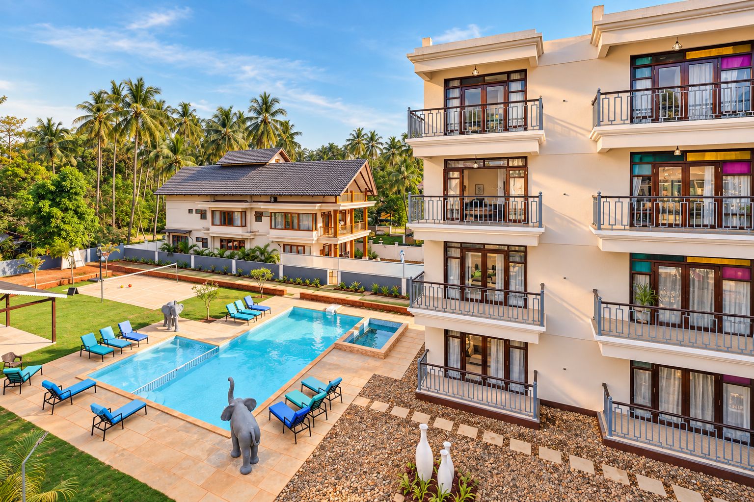 A multi-story hotel with a swimming pool, outdoor seating, and a view of palm trees.