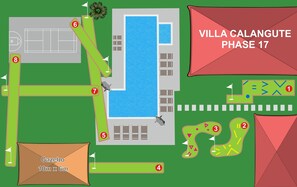 Villa Calangute Phase 17 with a swimming pool, a gazebo, and marked golf holes. - Villa Calangute Phase 17 (Calangute)
