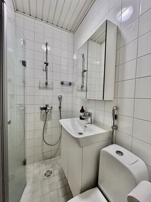 Appartement | Badkamer | Een douche, een haardroger, een bidet, handdoeken