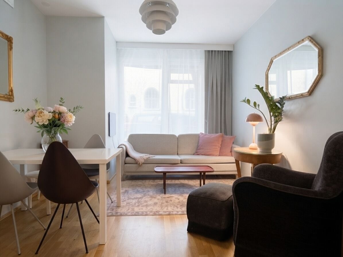 Una sala moderna con sofá, mesa de centro y sillas. Hay una mesa de comedor con sillas, una lámpara y un jarrón con flores.