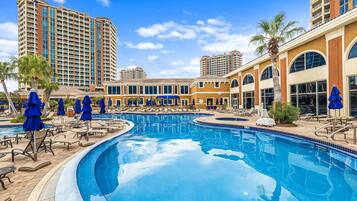 Indoor pool, 3 outdoor pools, open 9:00 AM to 10:00 PM, pool loungers