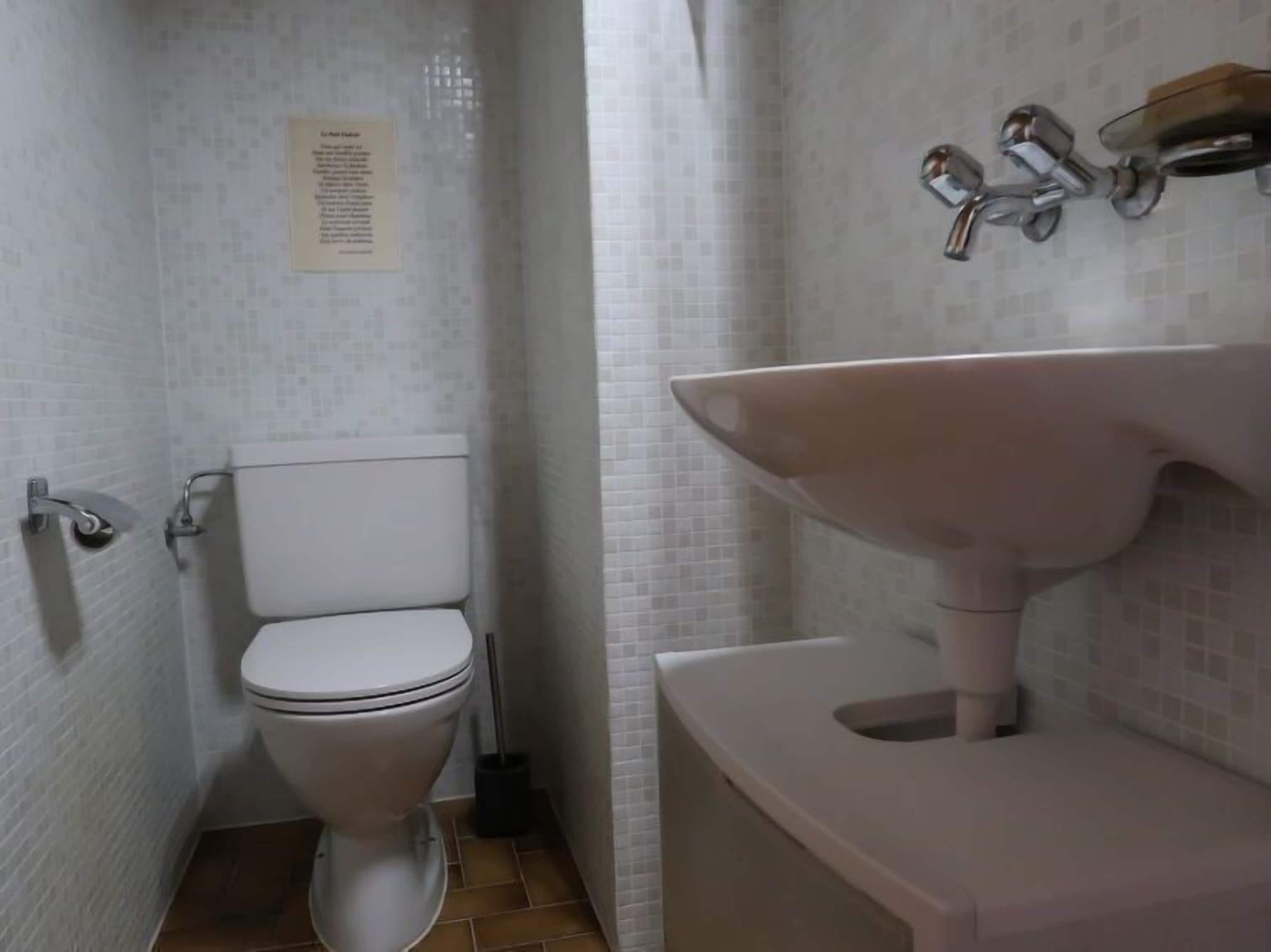 Et lille badeværelse med toilet, håndvask og bruseforhæng.